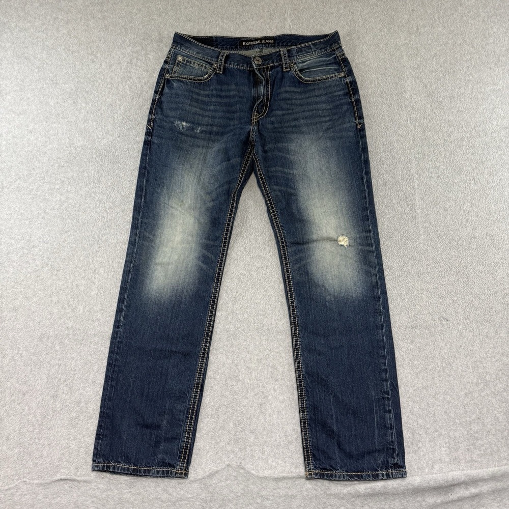 Men's Express Blake Loose Fit Straight Leg Jeans 34x34 Distressed Denim
